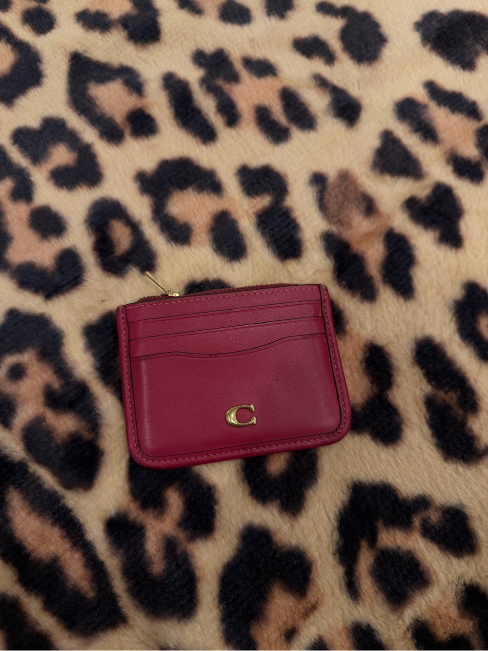 Coach Burgundy Leather Card Wallet with Gold Zip Accent